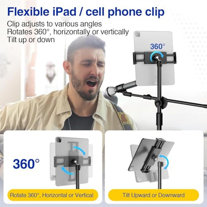 Height Adjustable Boom Mic Stand Tripod with Phone/Tablet Holder | Carrying Bag Included, for Singing Karaoke Stage