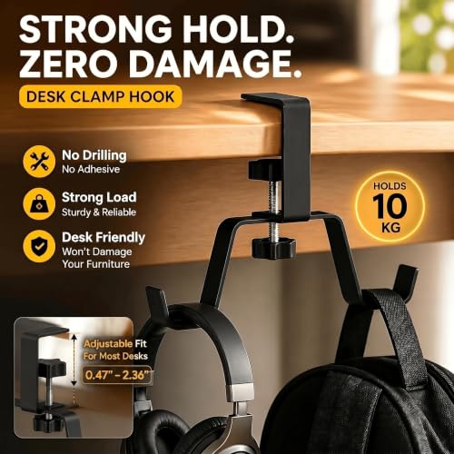 Clamp-On Under Desk Hook – Adjustable Headphone & Bag Holder for Table/Desk – Fits 1-5cm Plate – Reduces Clutter (Black)