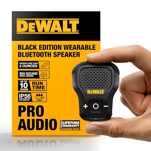 DEWALT Wearable Bluetooth Speaker [Onyx Edition - Black] Clip-On Wireless | Jobsite Pro Water-Resistant Portable Speaker (Non- Magnetic), Mic for Hands-Free Music/Calls, Mini Speakers Bluetooth - color: Black