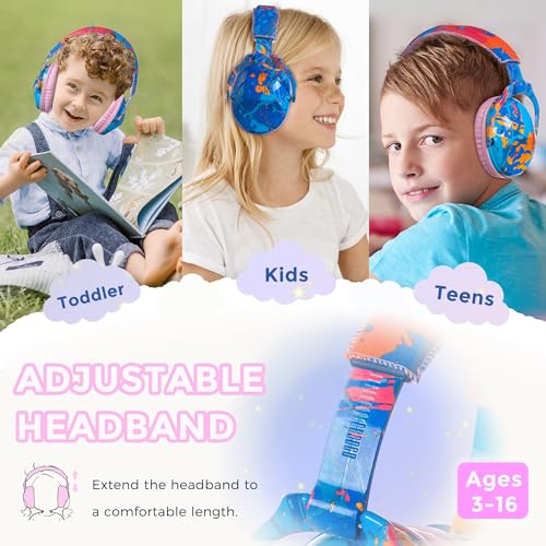 Kids Ear Protection Safety Ear Muffs, NRR 25dB Noise Reduction Children Earmuffs, Hearing Protectors for Sleeping, Studying, Airplane, Concerts, Fireworks-Blue Painting with Pink Band - color: Pink Band Blue Painting