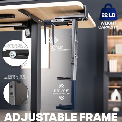 VIVO Adjustable Clamp-On Desk 3.5” to 7.8” Wide Office PC Mount, Computer Case CPU Holder with Swivel Action and Secure Locking, Black, MOUNT-PCC1S