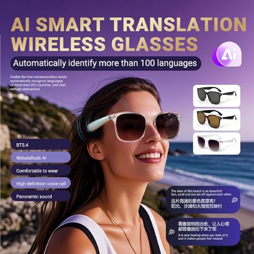 Smart AI Bluetooth Sunglasses for Women Men Translation Translator Translate Translating Headphones Audio Glasses with 150 Language & Accents UV Protection Bluetooth 5.4 Eyeglasses with Speakers - color: Coffee