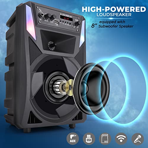Pyle Portable Bluetooth PA Speaker - 300 W 8” Rechargeable Outdoor BT Karaoke Audio System - Multi-Color Party Lights, LED Display, FM/AUX/MP3/USB/SD, 6.5mm in - Wired Microphone, Remote Control - style: 300 watts