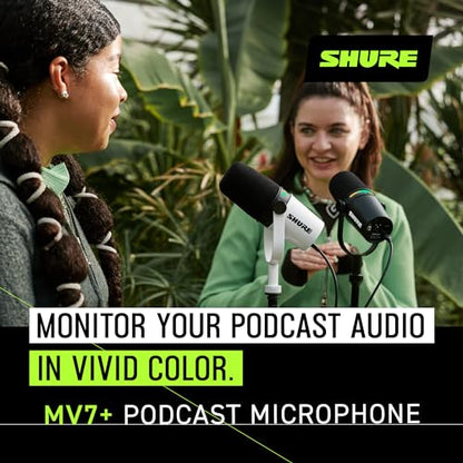 Shure MV7+ USB-C & XLR Podcast Dynamic Mic with Stand - Black | OBS-certified USB-C and XLR dynamic mic with stand, LED touch panel, auto level and pop filter for podcasting