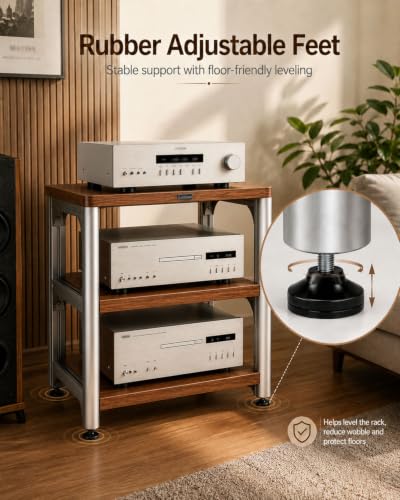 3-Tier HiFi Audio Rack, Adjustable AV Stand for Stereo Equipment | 110 lbs Per Shelf Open Cooling Design Metal Support Columns Rubber Feet Fits Amplifier, Receiver, Turntable & CD Player - size: 3-tier