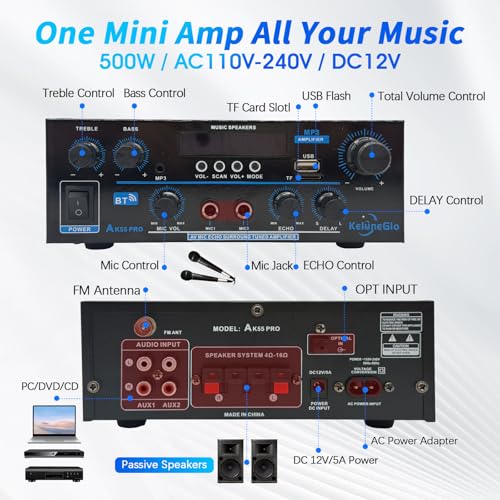 KG AK55 PRO Home Audio Amplifier Receiver — Dual-Channel (Max 500W / RMS 25W x 2) Stereo Amplifier, Bluetooth 5.0 Speaker Amp, Supports FM Radio/USB/SD Card Playback, Includes Remote Control - size: 500W 2-Channel