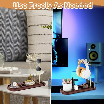 Wooden Headphone Stand for Desk, Gold Headset Holder with Tray | Unique Head Phone Holder, Controller And Headset Stand for Airpod Max And More, Desktop Headphone Hanger for Gaming, Office