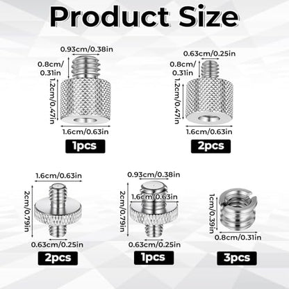 Tripod Adapter Set, 1/4 to 3/8 & 3/8 to 1/4 Camera Screw Adapter, Aluminum Alloy Thread Converter Male Female, Mounting Screws Kit for Tripod Monopod Light Stand Microphone (Silver)