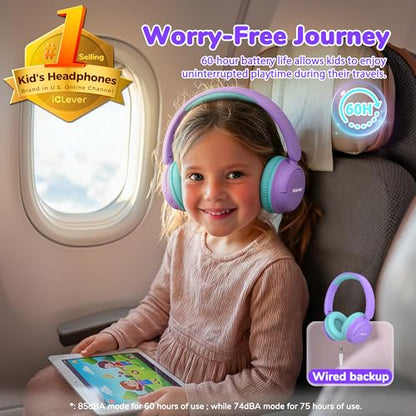 iClever BTH22 Kids Bluetooth Headphones for Toddler Travel, 60H Play Time | SafeSound Tech3.0, Stereo Sound, USB C Fast Charging, AUX Cable, Kids Wireless Headphones for Girls/Boys/Tablet/PC/School - color: A-Purple