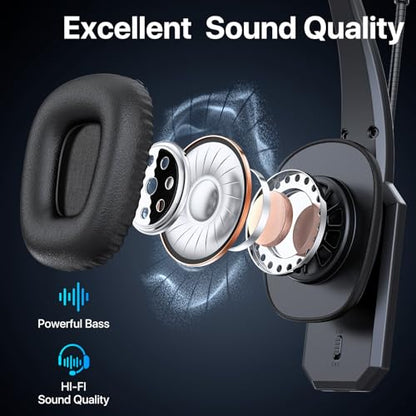 Trucker Bluetooth Headset with Mic, Wireless Headset for Work with Mute Button, 60H Battery, Over Ear Bluetooth Headset for Truck Driver, Office, Laptop, Cell Phone, Black