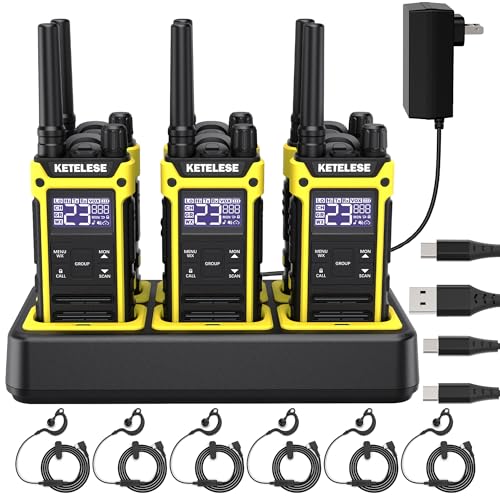 T3F Walkie Talkies 6 Pack for Adults, IP67 Waterproof 2 Way Radios Rechargable, with Earpiece and Mic, Shock Resistant, Dual PTT, One Key Group Call, VOX, NOAA&Wheather Alert, Black/Yellow