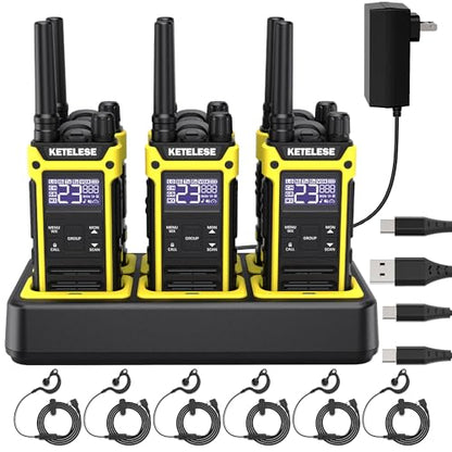 T3F Walkie Talkies 6 Pack for Adults, IP67 Waterproof 2 Way Radios Rechargable, with Earpiece and Mic, Shock Resistant, Dual PTT, One Key Group Call, VOX, NOAA&Wheather Alert, Black/Yellow
