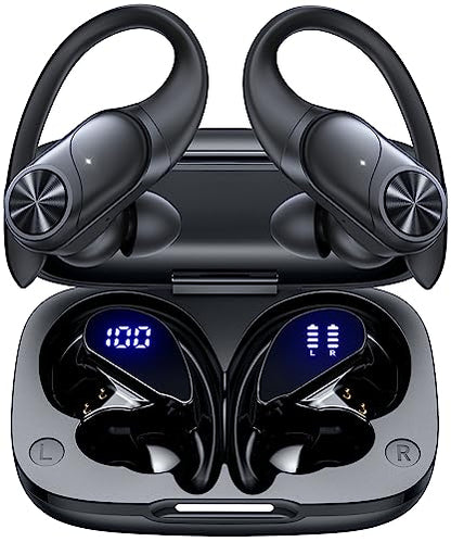 PocBuds Bluetooth Headphones Wireless Earbuds 80hrs Playtime Wireless Charging Case Digital Display Sports Ear Buds with Earhook Deep Bass IPX7 Waterproof Over-Ear Earphones for TV Phone Laptop Black - color: Black, style: Standard