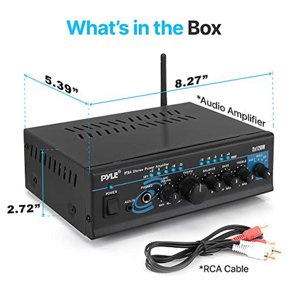 Home Audio Power Amplifier System - 2X120W Mini Dual Channel Mixer Sound Stereo Receiver Box w/ RCA, AUX, Mic Input - For Amplified Speakers, PA, CD Player, Theater, Studio Use - Pyle PTA4 Black