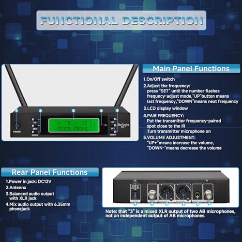 Rechargeable Dual Wireless Microphones System, Professional UHF 2X100 Channel Metal Wireless Microphone for Singing, Dj, Church, Karaoke, Handheld Vocal Dynamic Cordless Mic Long Range 300Ft