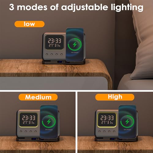 IHAO 5in1 Multi Functional Wireless Charging Station Digital Clock 15W Fast Charging Temperature Display Wireless Charger for All Qi Phone and TWS Headphone Compliant with Apple Watch-DH15 Black - color: 5in1 wireless Charger Station D15 Black