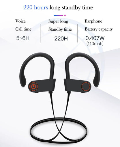 IPX7 Waterproof Wireless Headset Sports Bass Wireless Bluetooth 5.0 Earphones Hanging Ear with Microphone (Red) - color: Red