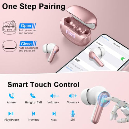2026 Wireless Earbuds, Bluetooth 5.4 Headphones HiFi Stereo, 50H Playtime | In-Ear Headphones with ENC Noise Cancelling Mics, IP7 Waterproof Wireless Headphones, Earbuds for Android iOS, LED Display - color: Bright Rose Gold
