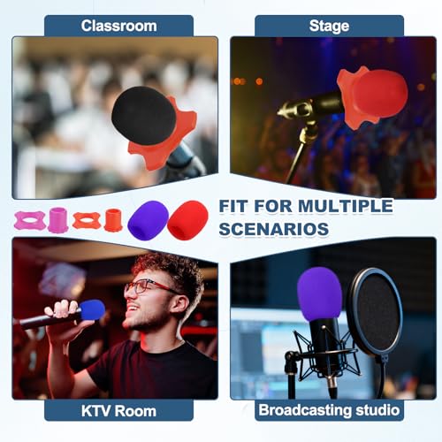MECCANIXITY 8 Set Microphone Cover Foam Mic Cover, with 1.34" Mic Protection Silicone Ring and Anti Rolling Bottom Sleeve Holder for Karaoke DJ Concert Theater, Purple - color: Purple, size: 1.34"