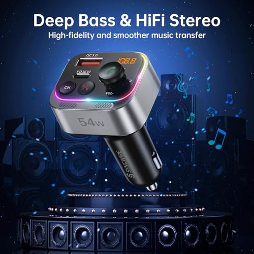 Syncwire Bluetooth 5.4 FM Transmitter Car Adapter 54W (PD 36W & 18W) [Stronger Dual Mics] [Light Switch] [HiFi Bass Sound] [Fast Charging] Wireless Radio Receiver Hands-Free Calling LED Display | [Stronger Dual Mics] [HiFi Bass Sound] [Fast Charging] Wire