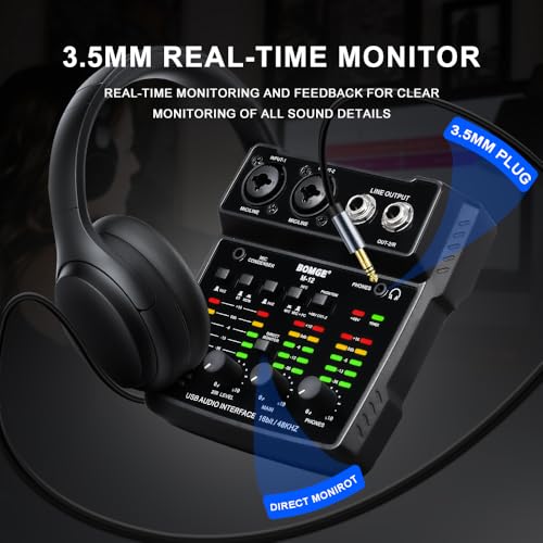 BOMGE M12 USB Audio Interface, 2-Channel Mixer, XLR/3.5mm Input, 48V Power Supply, Sound Card for PC Recording, Studio, Live Show, Karaoke, Plug&Play