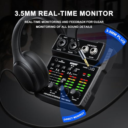 BOMGE M12 USB Audio Interface, 2-Channel Mixer, XLR/3.5mm Input, 48V Power Supply, Sound Card for PC Recording, Studio, Live Show, Karaoke, Plug&Play