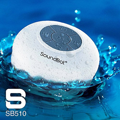 Soundbot SB510 Water-Resistant Bluetooth Shower Speaker, Suction Cup, White | Up to 6 hours of playtime, built-in microphone, 33-foot range, tactile controls, compact design, clear audio, USB charging - color: White, size: 4*3.38*3.38 in.