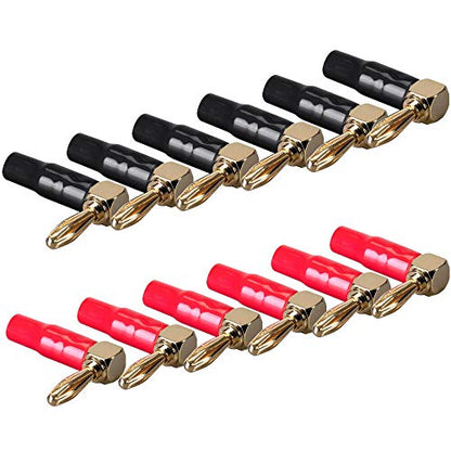 4mm Banana Plugs Right Angle 6 Pairs, 24k Gold Plated 90 Degree Speaker Connector (12Pcs)
