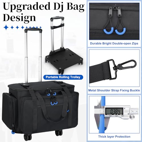 Large Rolling Dj Cable Bag with Detachable Dividers, Bottom Pad | Dj Bag for Equipment and Accessories with Laptop and Microphone Pocket, Dj Gig Bag for Musician, Professional, Travel, Blue - color: Blue, style: Rolling Dj Cable Bag