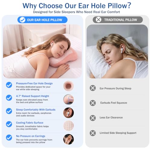 Youyole Pink Piercing Pillow for Side Sleepers, Ear Pillow Smooth Cooling Fabric, 11.8 x 9.8 x 4.7 Inch Raised for Sleeping with Earbuds, Earphones, Ear Pain, Pressure Relief Comfortable Sleeping - color: Pink