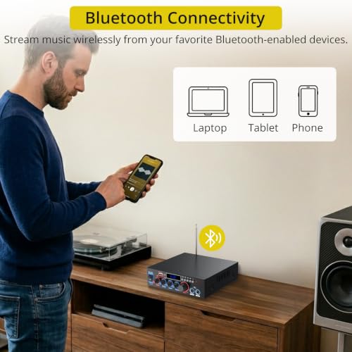 PROZOR 800W Bluetooth 5.0 Stereo Audio Amplifier, 2 Channel Home Audio Receiver with FM Radio, USB, SD/TF Card, AUX, Dual Mic Inputs, HiFi Power Amplifier for Passive Speakers, Home Theater, Car Audio