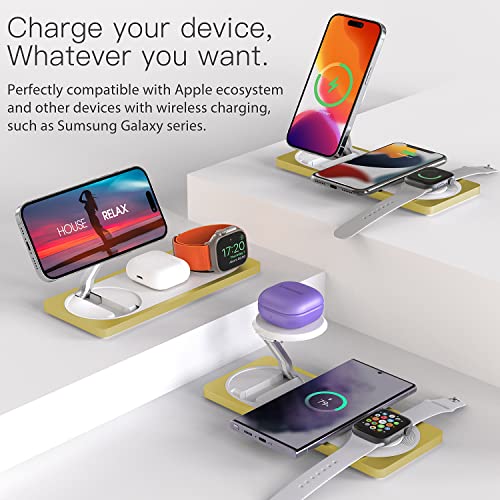 3 in 1 Wireless Charging Station for Apple Devices with MagSafe | For iPhone 17/Air/16/15/14/13/12, AirPods & Apple Watch, Foldable Portable Aluminum Charging Stand, Adapter Included - color: Yellow