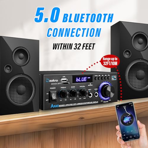 Daakro AK45 Stereo Audio Amplifier,300W Home 2 Channel Wireless Bluetooth 5.0 Power Amplifier System, Home Amplifiers FM Radio, USB, SD Card, with Remote Control Home Theater Audio Stereo System | 2 Channel Power Amplifier System, Home Amplifiers FM Radio
