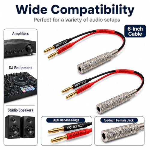 Speaker Cable - 1/4 Inch to Banana Plug Adapter Cable (6-inch) - Gold Plated Audio Connector for Amplifiers, DJ Equipment & Studio Speakers(2-Pack)