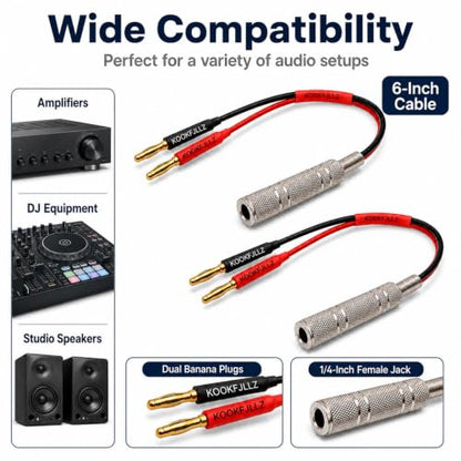 Speaker Cable - 1/4 Inch to Banana Plug Adapter Cable (6-inch) - Gold Plated Audio Connector for Amplifiers, DJ Equipment & Studio Speakers(2-Pack)