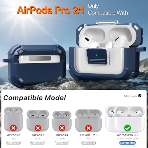 for AirPods Pro 2 Case with Lock Magnetic Lid, Blue | Compatible with AirPods Pro 2nd Generation and AirPods Pro 1st Generation (2019) Case with Cleaner Kit & Carabiner, MagSafe - color: TW-Blue, size: Airpoods Pro 1st/2nd Generation