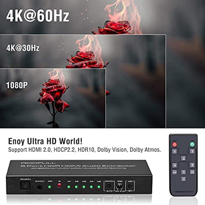 ROOFULL 5 Port 4K HDMI Switch with Audio Extractor & IR Remote | 5 In 1 Out 4K@60Hz HDMI 2.0 Switcher with Optical/AUX Audio Out, Dolby Vision/Atmos, Auto-Switching, HDCP 2.2, HDR 10, 18Gbps - color: Black (with Audio Extractor)