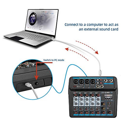 Professional DJ Audio Mixer, NEW BAXS 6 Channel Bluetooth Controller Sound Mixer, USB Interface, 99-Bit DSP XLR, AUX, TRS Processor MP3 Player w/48V Phantom For Karaoke Studio Streaming Recording