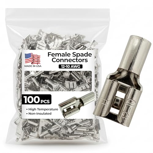 100 Pcs High Temperature Non-Insulated Female Spade Connectors - 12-10 Gauge Quick Disconnect .250 Tab - Wire Splice Connectors for Strong Crimps in Electrical Wire Terminals - Made in USA - size: 12-10 AWG Female 1/4" Tab