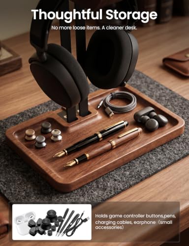 LOXP Walnut Headphone and Controller Stand, 2-in-1 Holder with Storage | Solid Wood Gaming Headphone Stand, Built-in Storage, Non-Slip, Fits Xbox PS5 Switch Controllers, Desktop Organizer for Gamers