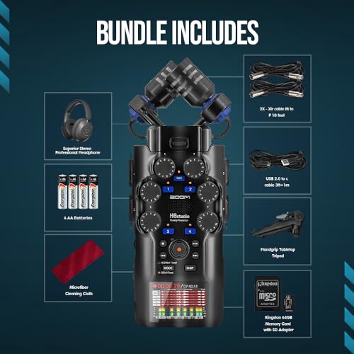 Zoom H6studio Handy Recorder, H6 Studio (H6S) 32-Bit Float Recording, F-Series Preamps, Gain Knobs, Large Mics, USB Audio Interface w/Headphone, MicroSD, Tripod for Podcast Filmmaker Musician