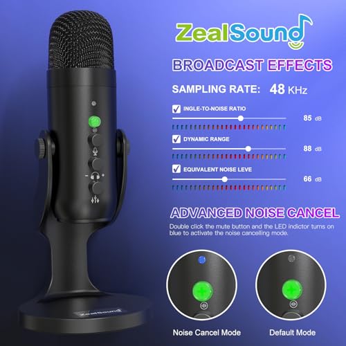 ZealSound Wireless Podcast Microphone for PC & iPhone, Dual Desktop Mics with Noise Reduction, Tap-to-Mute, Gain & Echo Controls, Zero-Latency Monitoring for Podcasting & Streaming YouTube TikTok - color: Phantom Black