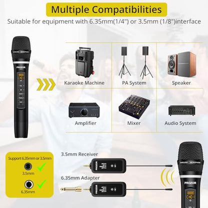 PROZOR UHF Wireless Microphone with Volume Treble Bass Echo Control, Wireless Rechargeable Mic Dual Handheld Dynamic Mic System with Rechargeable Receiver, for Karaoke Machines, DJ, Church, Weddings - style: Rechargeable Portable Bluetooth UHF Mic – Echo