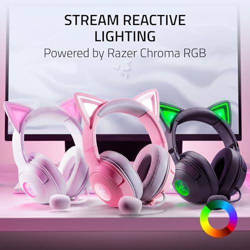 Razer Kraken Kitty V2 USB Wired Headset, Chroma RGB Kitty Ears, White | Stream Reactive Lighting, HyperClear Cardioid Mic, 40 mm Drivers, 7.1 Surround Sound, Comfortable Ear Cushions - color: White