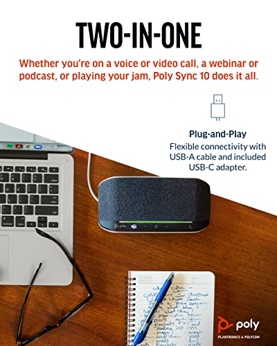 Poly Sync 10 USB Speakerphone (Plantronics) - Two-In-One Portable Speaker for Audio/Video Conference Calls & Music - USB Powered - Dual-Mic, Full-Duplex Audio - Works w/Teams (Certified), Zoom, & More