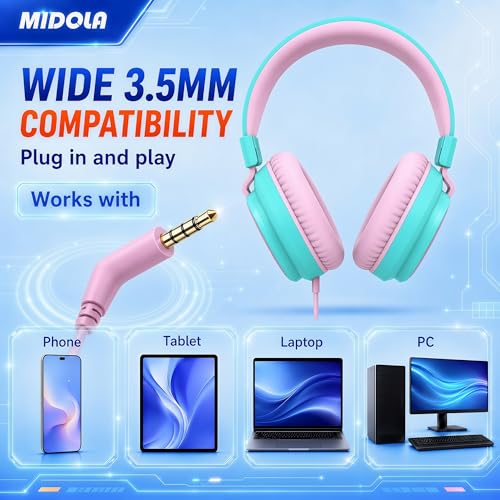 MIDOLA Kids Headphone Wired Volume Limited 85/94dB Over-Ear/On-Ear Foldable Headset with Microphone Hearing Protection Headphones for Toddler Boy Girl Child School Learning Pad Tablet Cyan | Adjustable Headband Foldable Over-Ear Lightweight for Toddler Gi