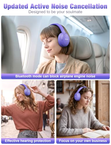 RUNOLIM Hybrid Active Noise Cancelling Headphones, Wireless Over Ear Bluetooth Headphones with Microphone, 100H Playtime, Foldable Headphone with HiFi Audio, Deep Bass for Home Travel Office（Purple） - color: Purple