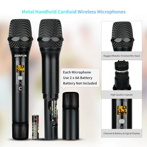 Pro Wireless Microphone System 4 Channel, UHF Metal Cordless Handheld Mics with Echo Bluetooth for Church Karaoke Singing, 4x50 Adjustable Frequency(MU-898 Battery 4 Handheld)