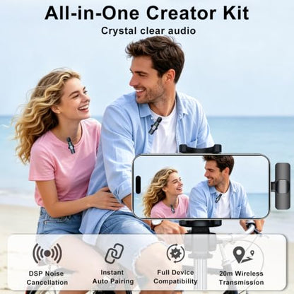 Wireless Lavalier Microphone for iPhone, iPad & Android Phone | Mini Lapel Mic with AI Noise Reduction for Video Recording Vlogging TikTok YouTube, Plug & Play Clip-on,for Content Creators