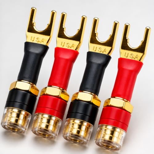 4-Pack Y-Spade to 4mm Banana Female Jack Socket Adapter, 24K Gold-Plated OFC Copper, Self-Locking 45° Fork, for Speaker Wire, Amplifier, AV Receiver, Home Theater, Hi-Fi Binding Post